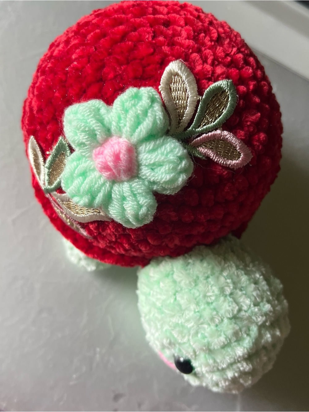 Handmade Crochet Plush Turtle Hat - Red with Mint Flower Accent 6.5”-NEW